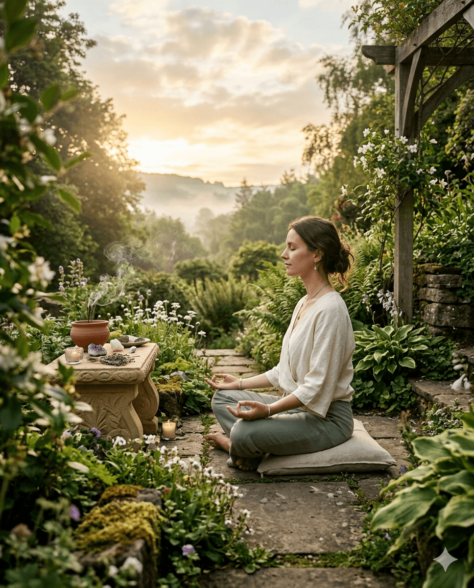 Mulher contemplativa em jardim sagrado com luz dourada e elementos botânicos