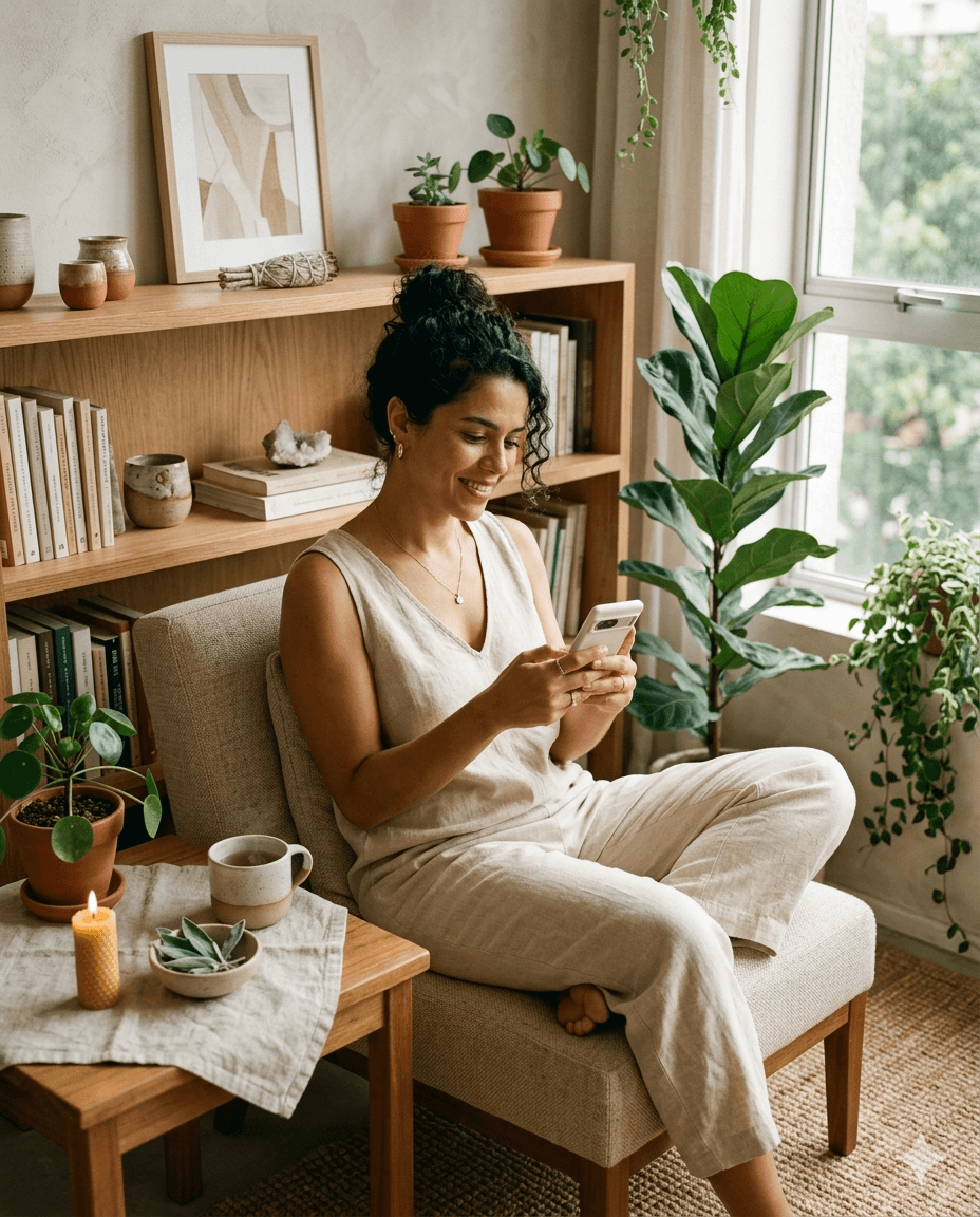 Pessoa usando celular em ambiente acolhedor com atmosfera espiritual contemporânea